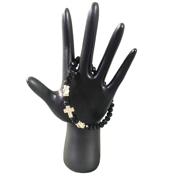 Metallic Iridescent Cross Charm Bracelet Trio Octagon Beads Multicolor Stretch - Picture 6 of 12